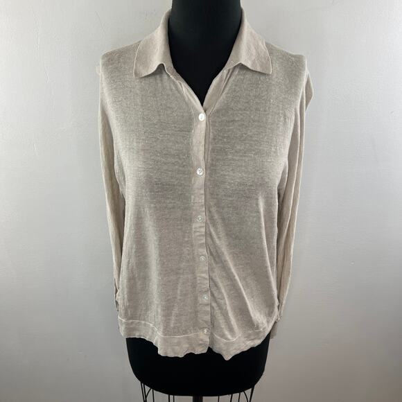 THEORY Beige Long Balloon Sleeve Linen Blend Button Down Shirt Top Blouse Size S - Picture 3 of 10